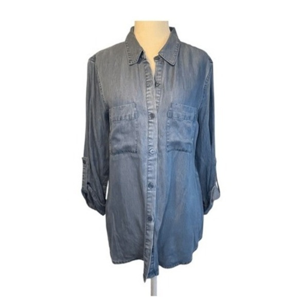 Jones New York Chambray Button Down Shirt Blue Cotton Knit Long Sleeve S